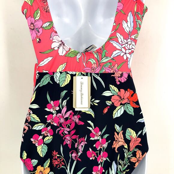 TOMMY BAHAMA Summer One-Piece Swimsuit Small Red Black Floral Wrap-Front NWT - Picture 8 of 12